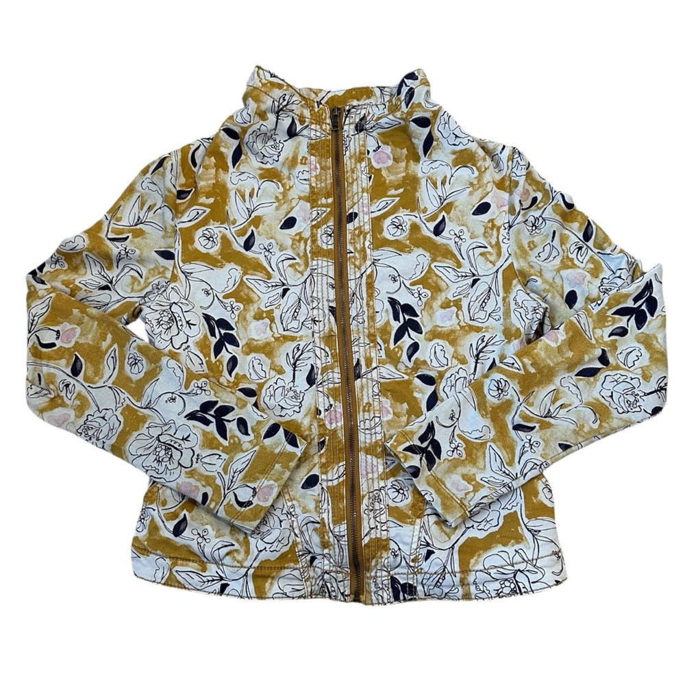 Anthropologie Mustard Floral Zip-Front Bomber Jacket